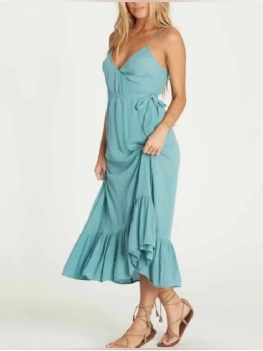 Teal Billabong Hold Me Tight Sleeveless V-Neck Maxi Wrap Dress